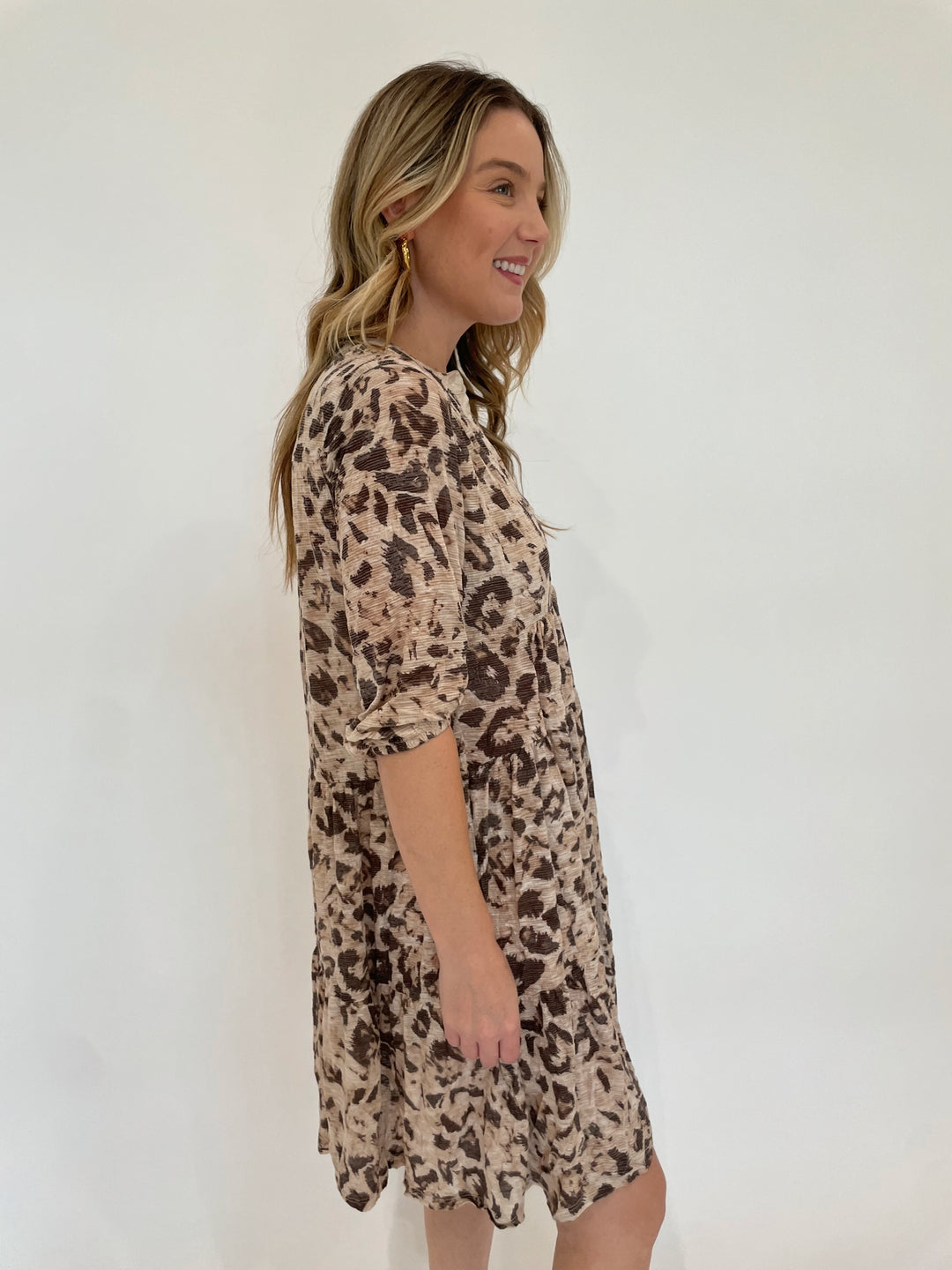 David Cline Savanna V-Neck Tiered Dress in Bone print with Alexis Bittar Brut Tube Hoop Earrings in Gold available at Barbara Katz