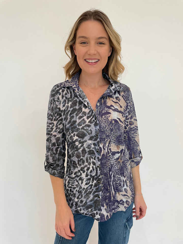 David Cline Safari Roll-Up Snap Shirt in Paw print  available at Barbara Katz