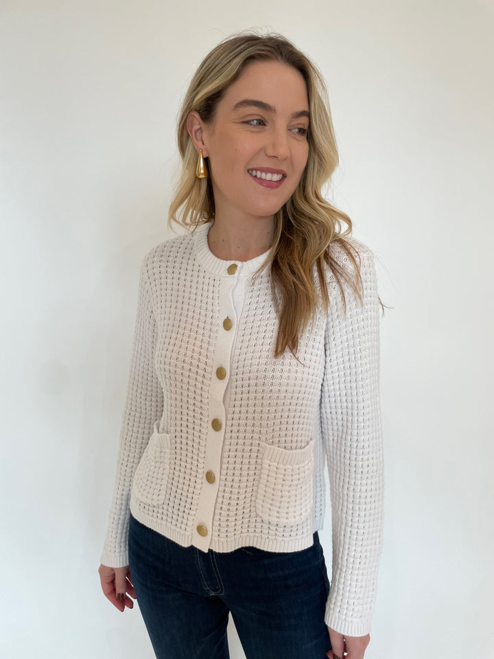 Kinross Textured Button Cardigan in White with BK Drop Long Post Earrings in Gold available at Barbara Katz