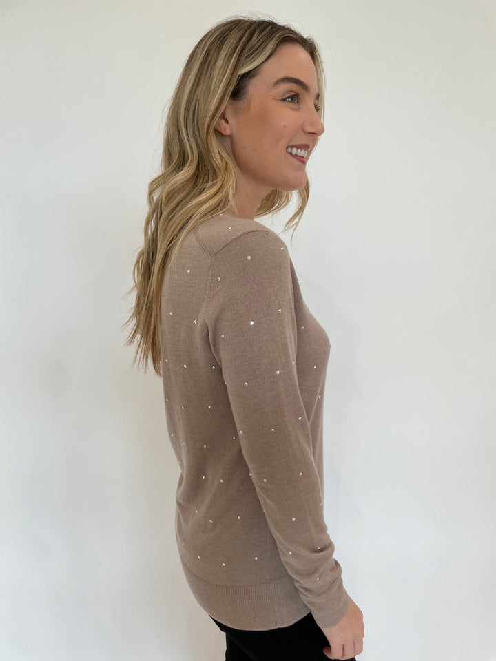 Kinross Fine Gauge Crystal Vee Long Sleeve Sweater in Driftwood available at Barbara Katz