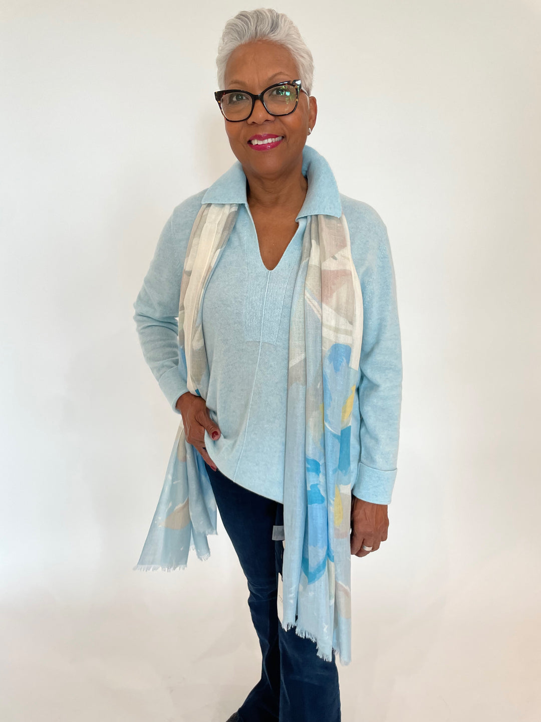 Kinross Easy Splitneck Polo Sweater in Surf with Kiwi Blooms Printed Scarf in Surf available at Barbara Katz