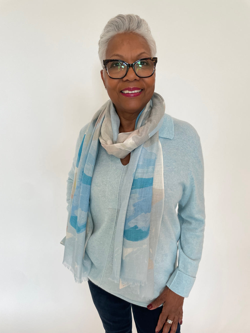 Kinross Easy Splitneck Polo Sweater in Surf with Kiwi Blooms Print Scarf in Surf available at Barbara Katz