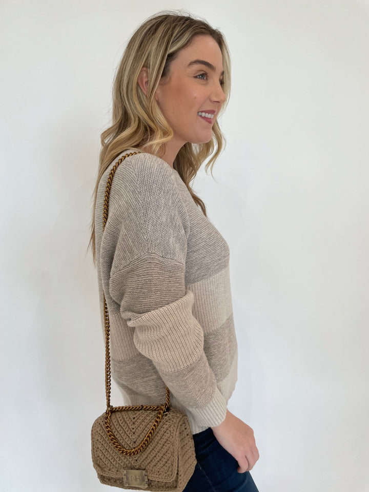 Kinross Lurex Stripe Crew Sweater in Champagne with Noam Hazan Mini Milan Bag in Stone available at Barbara Katz