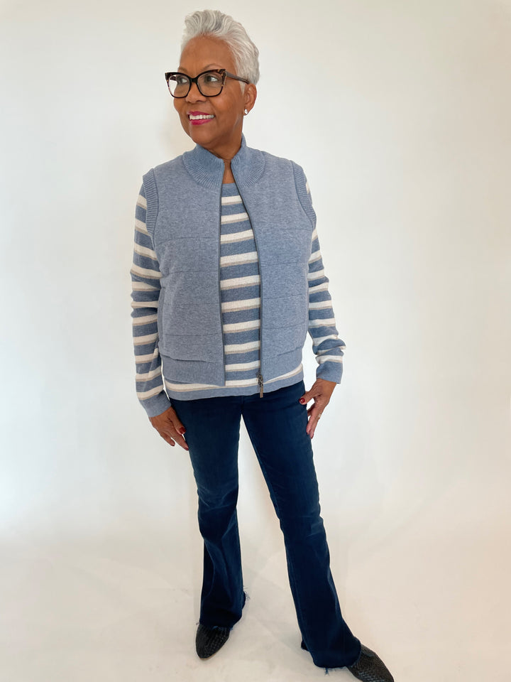 Kinross Thermal Stripe Crew Sweater in Marlin/Ecru/Pebble layered with Marlin Quilted Zip Vest, paired with Mother The Weekender Fray Jeans in Chip On My Shoulder available at Barbara Katz