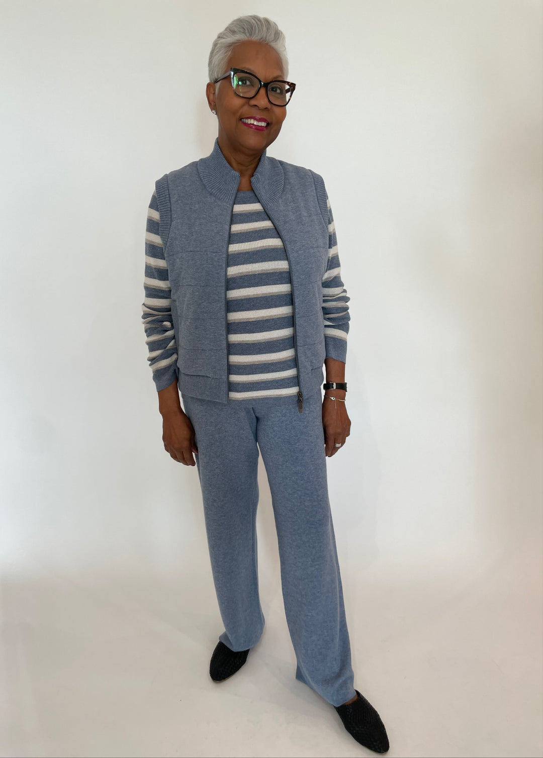 Kinross Thermal Stripe Crew Sweater in Marlin/Ecru/Pebble layered with Marlin Quilted Zip Vest, paired Marlin Double Knit Pants available at Barbara Katz