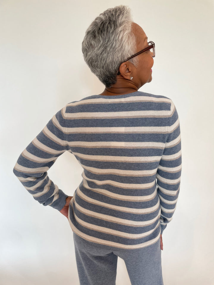 Kinross Thermal Stripe Long Sleeve Crew Sweater in Marlin/Ecru/Pebble available at Barbara Katz