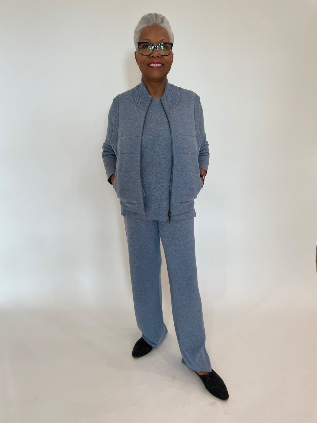 Kinross Quilted Zip Vest in Marlin with Marlin/Ecru Reversible Crew Sweater underneath, paired with Marlin Double Knit Pants available at Barbara Katz