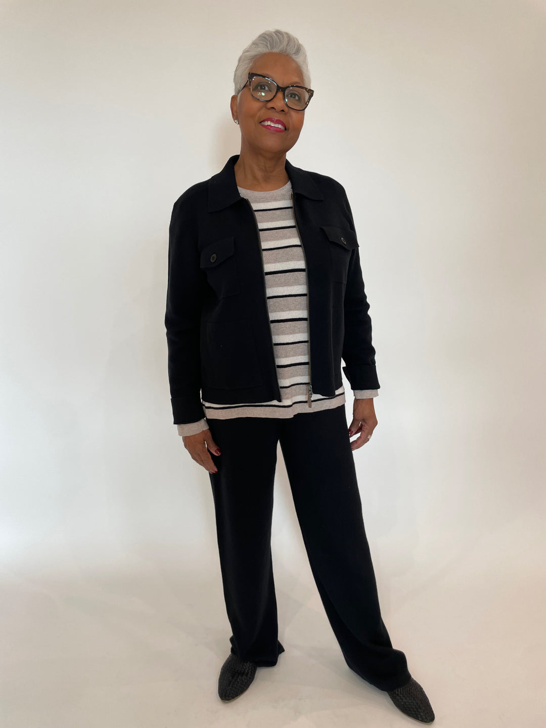 Kinross Thermal Stripe Crew Sweater in Pebble/Ecru/Black layered with Black Crop Utility Cardigan, paired with Black Double Knit Pants available at Barbara Katz