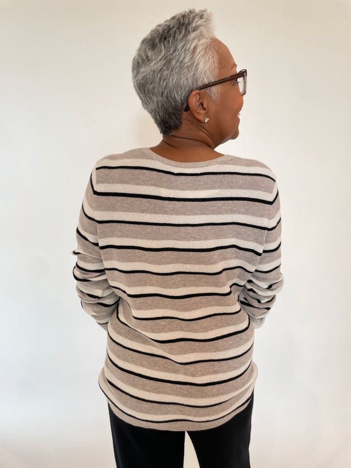 Kinross Thermal Stripe Crew Sweater in Pebble/Ecru/Black available at Barbara Katz