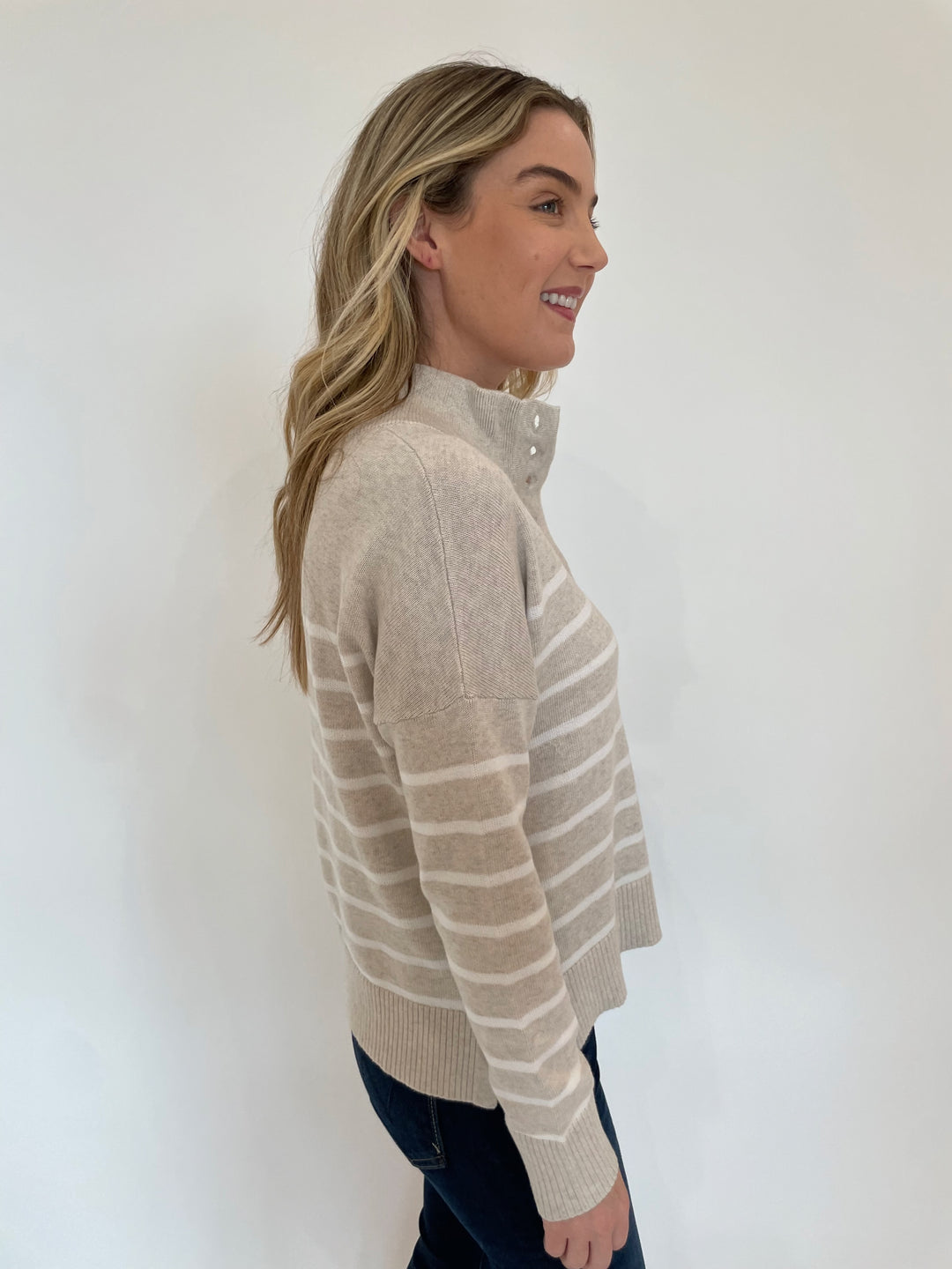 Kinross Stripe Button Mock Neck Long Sleeve Sweater in Champagne/White available at Barbara katz