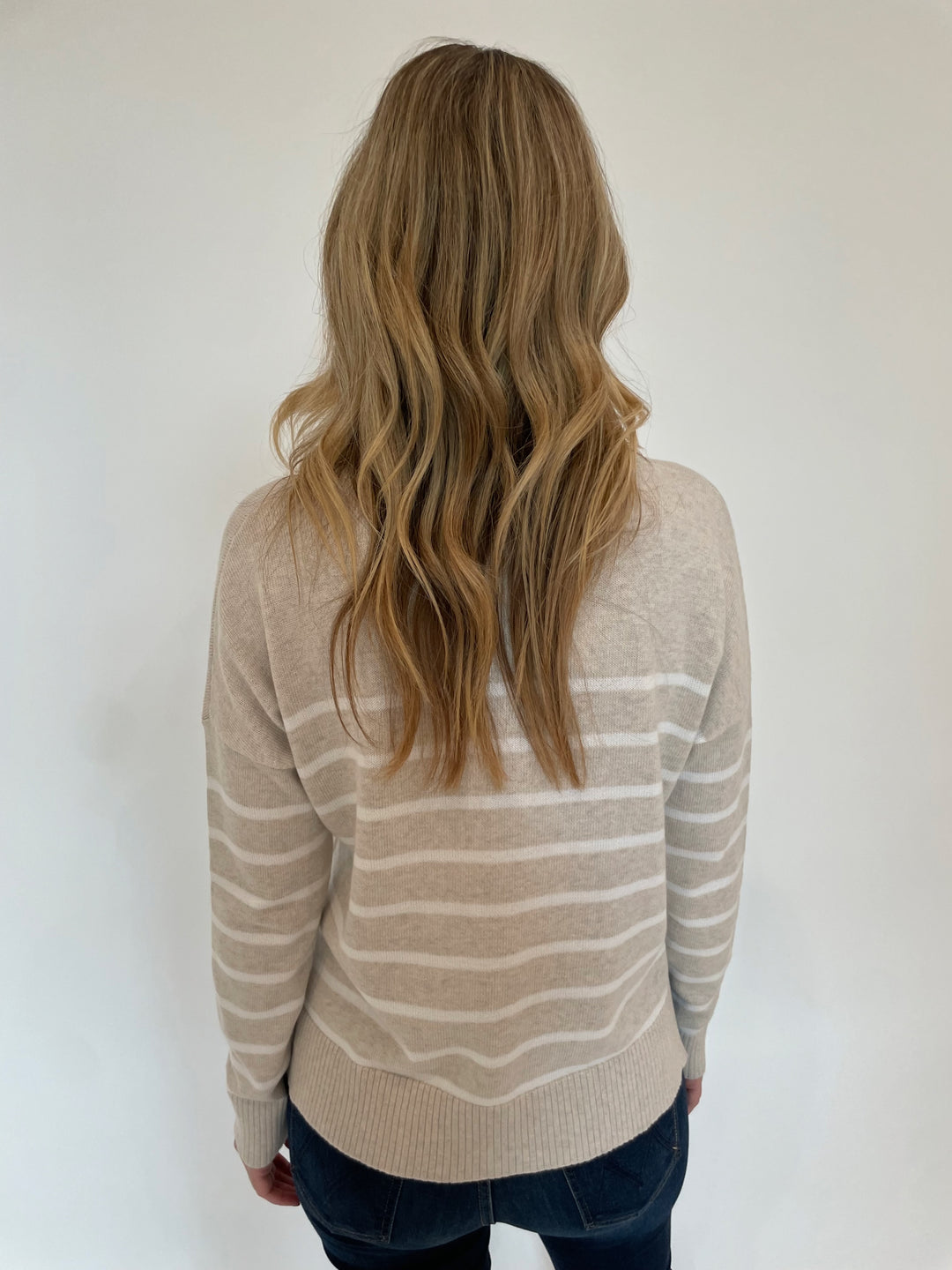 Kinross Stripe Button Mock Sweater in Champagne/White available at Barbara katz