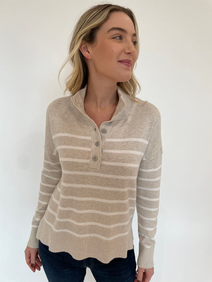 Kinross Stripe Button Mock Neck Sweater in Champagne/White available at Barbara katz