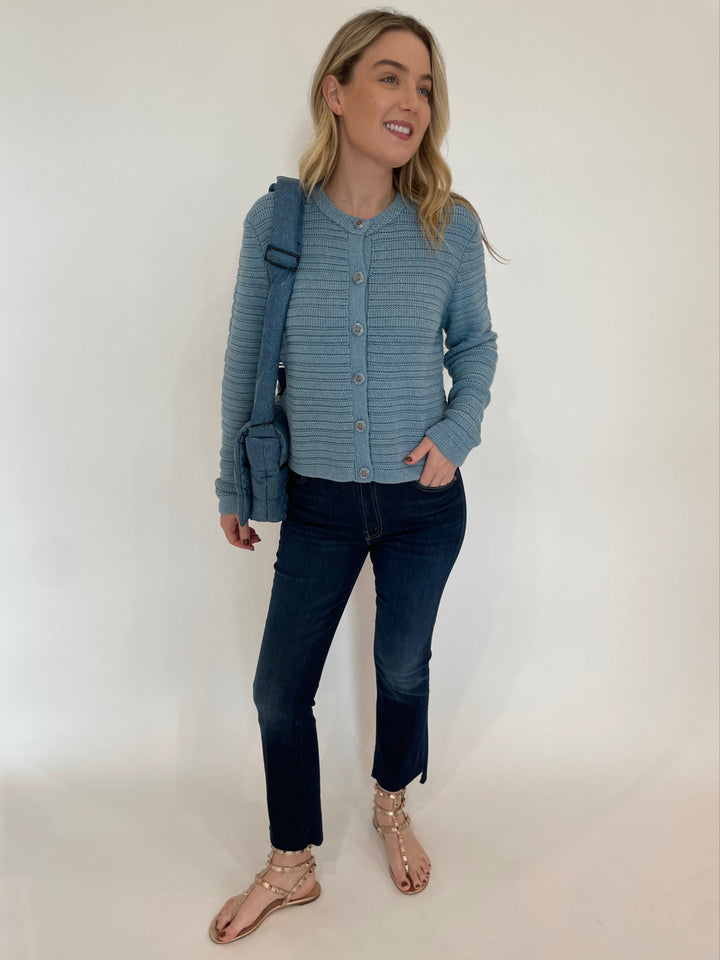 Autumn Cashmere Solid Textured Stripe Jacket in Stonewash paired with Mother The Insider Crop Step Fray Jeans in Off Limits, Vee Collective Porter Messenger Bag in Denim available at Barbara Katz