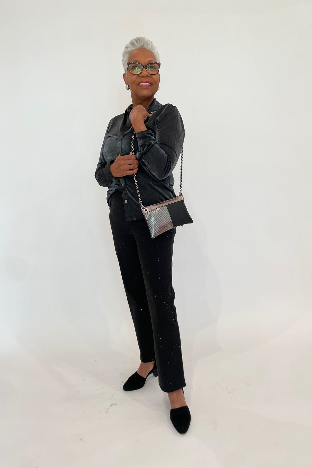 Lilla P. Sparkle Button Down Shirt in Black paired with Lysse Crystal Straight Leg Jeans in Black, Daniella Lehavi Malika Clutch in Disco available at Barbara Katz