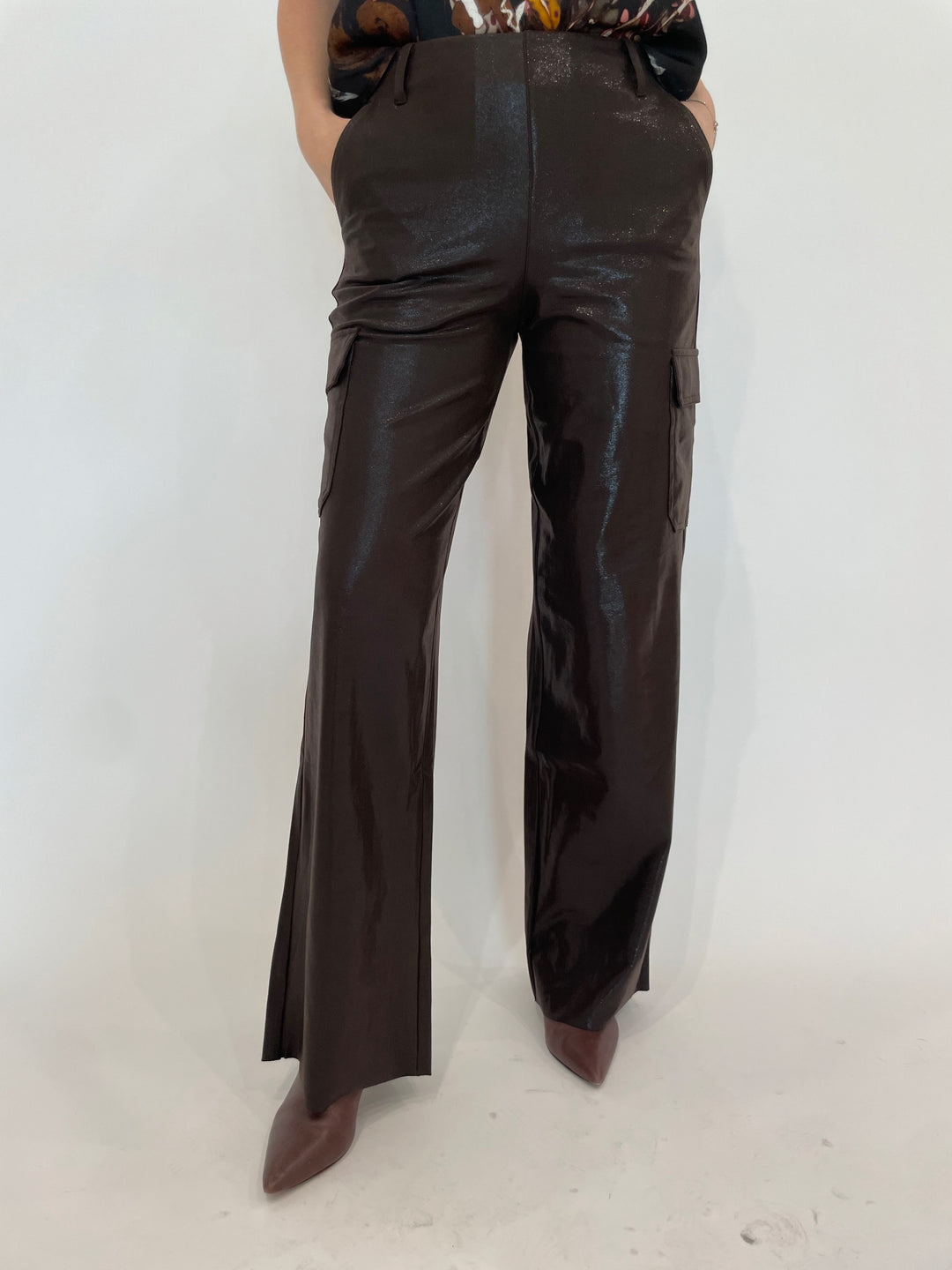 Lysse Callie Patent Foil Vegan Suede Cargo Pants in Liquid Mocha available at Barbara Katz