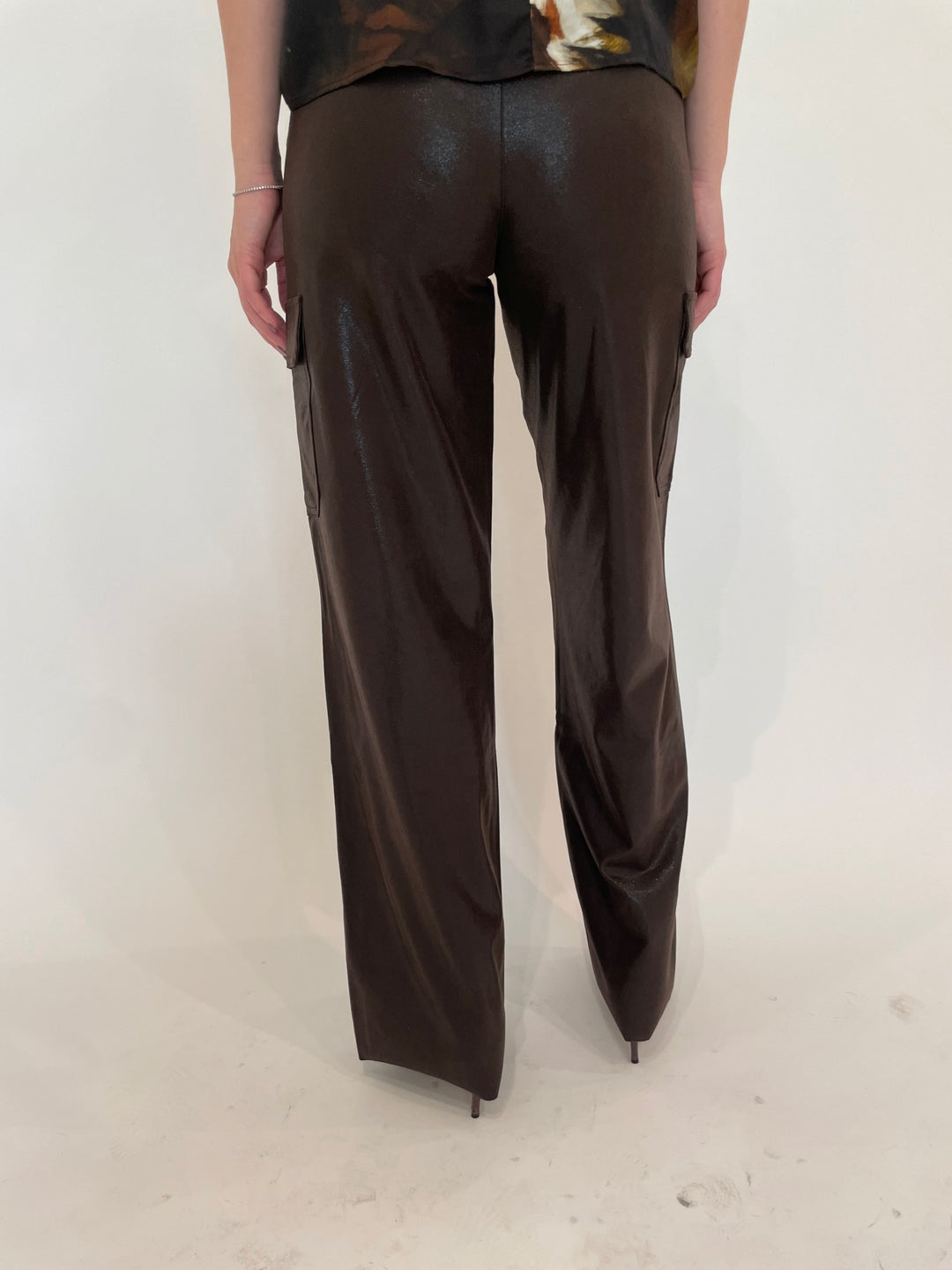 Lysse Callie Patent Foil Vegan Suede Cargo Pants in Liquid Mocha available at Barbara Katz