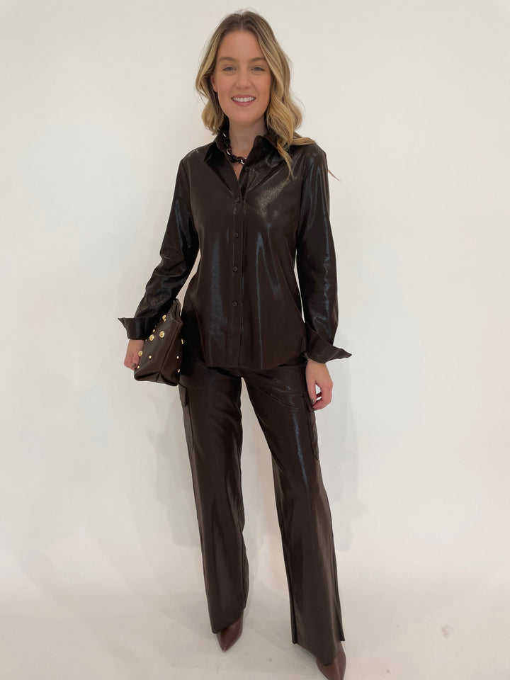 Lysse Connie Patent Foil Vegan Suede Shacket in Liquid Mocha paired with matching Callie Patent Foil Vegan Suede Cargo Pants, Pono Riley Necklace in Hickory, Clare V Georgette Clutch Moto Leather Bag in Chocolate Gold available at Barbara Katz