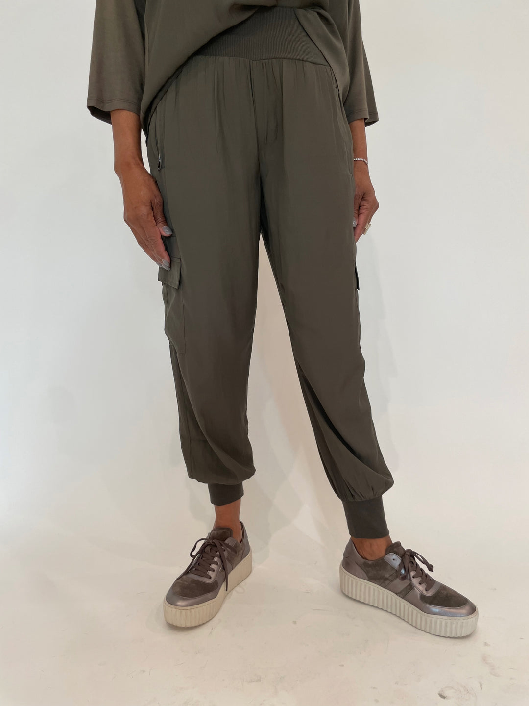 Lola & Sophie D-Satin Cargo Pants in Moss available at Barbara Katz