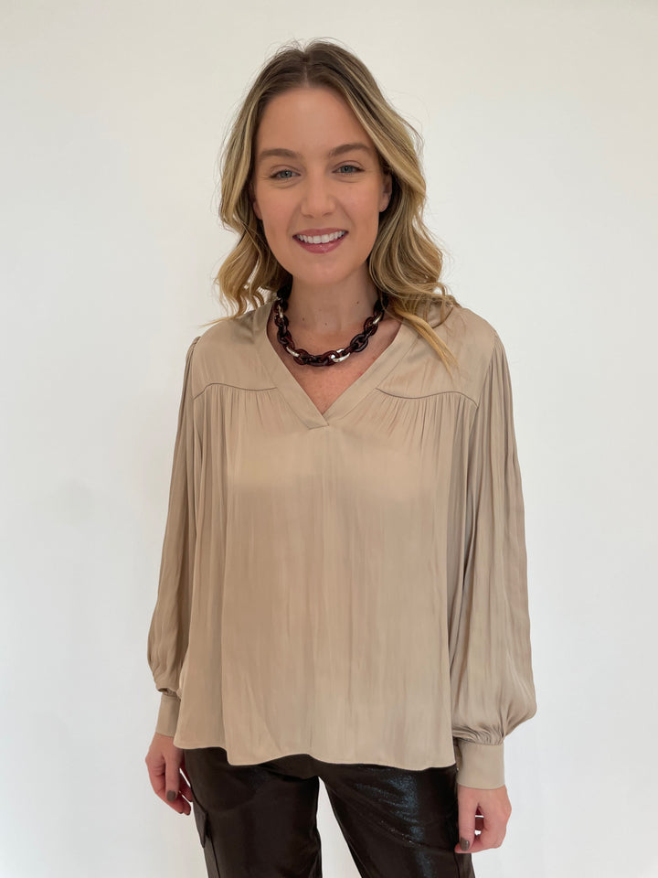 Lola & Sophie Lola & Sophie Vintage Satin Blouse in Gold with Pono Riley Necklace in Hickory available at Barbara Katz
