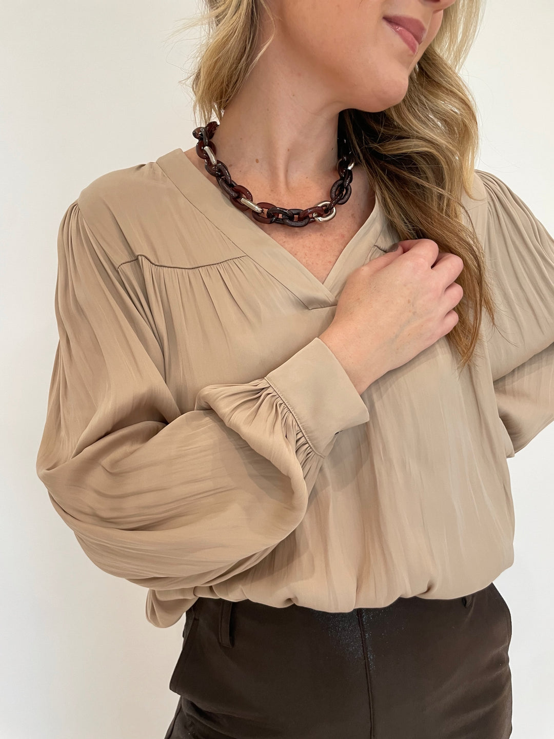 Lola & Sophie Lola & Sophie Vintage Satin V-Neck Blouse in Gold with Pono Riley Necklace in Hickory available at Barbara Katz