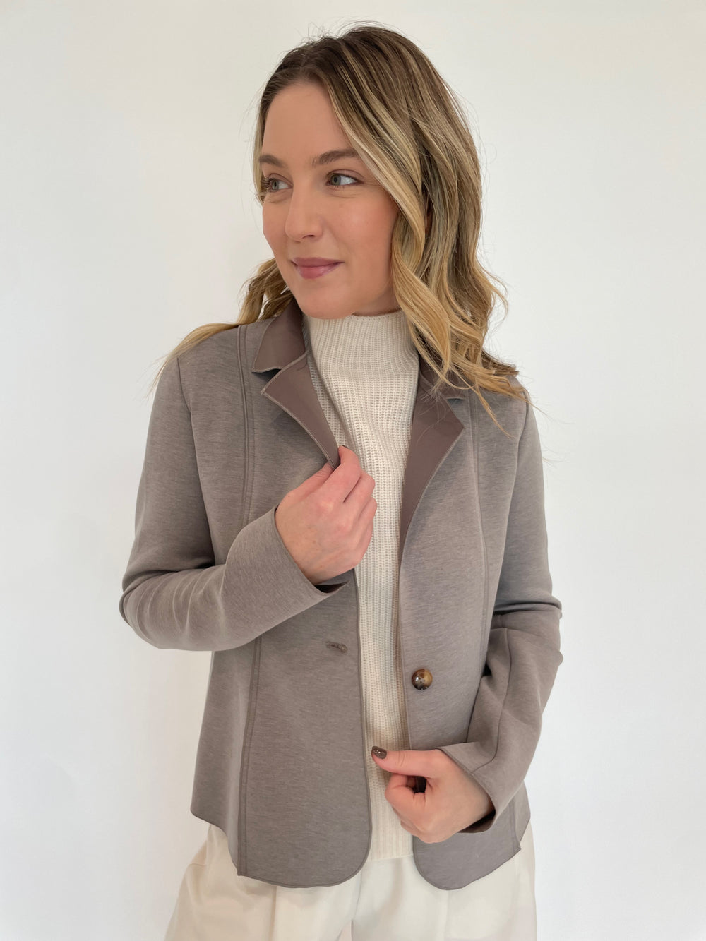 Lola & Sophie Doublefaced Neoprene Blazer in Beige with Lilla P. Ivory Ribbed Funnel Neck Sweater underneath available at Barbara Katz