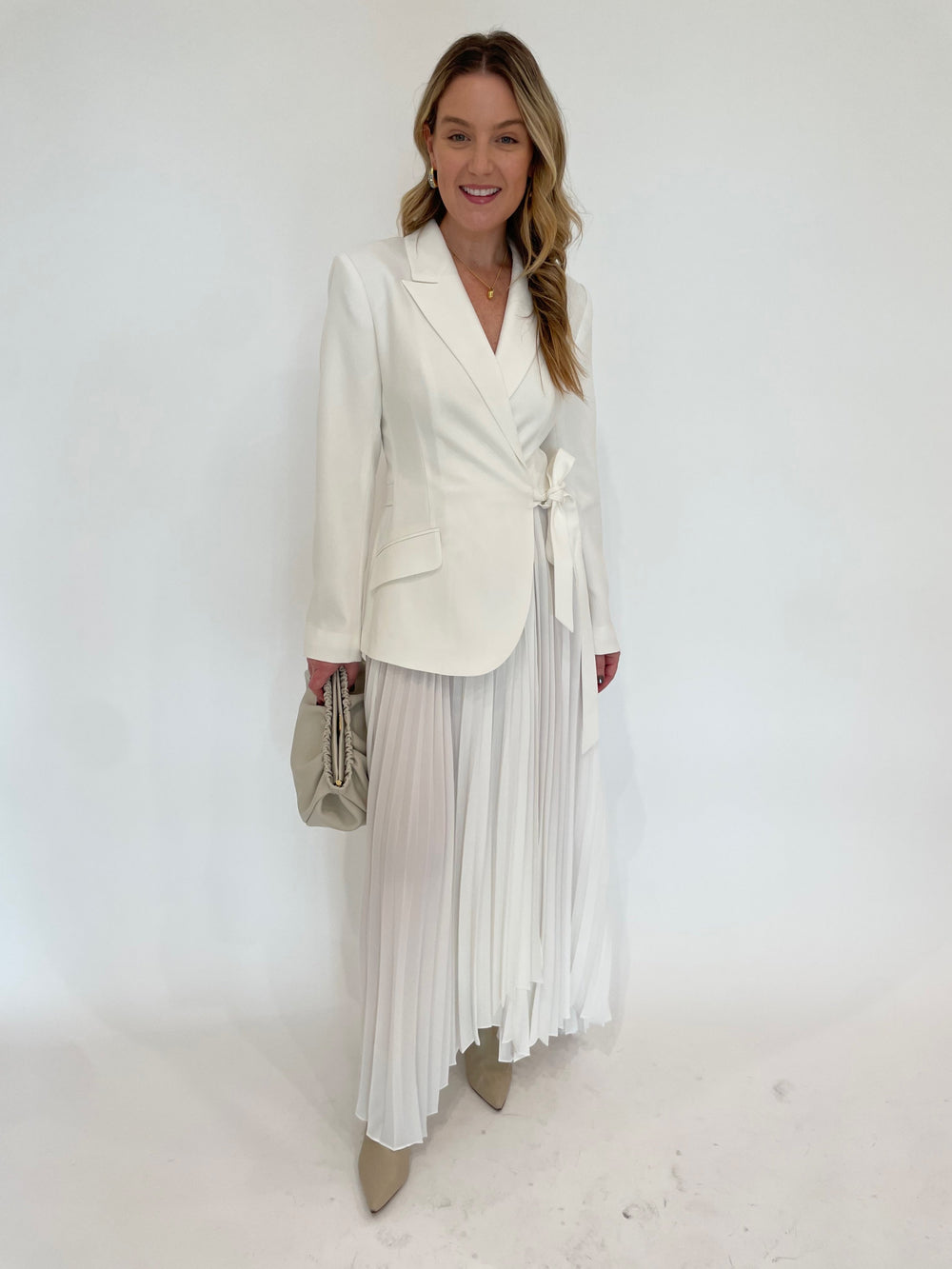 Simkhai Ambretta Combo Blazer Dress in Ivory with DeMellier Miami Clutch in Off White available at Barbara Katz