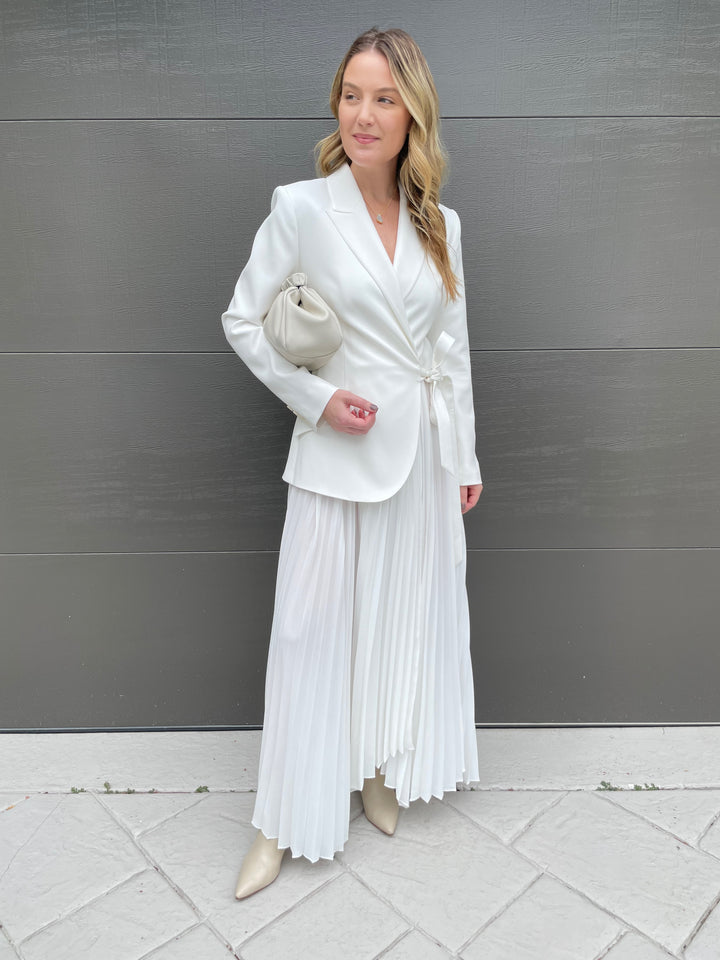 Simkhai Ambretta Combo Blazer Dress in Ivory with Alexis Bittar Solanales Crystal Small Pebble Necklace in Gold, DeMellier Miami Clutch in Off White available at Barbara Katz