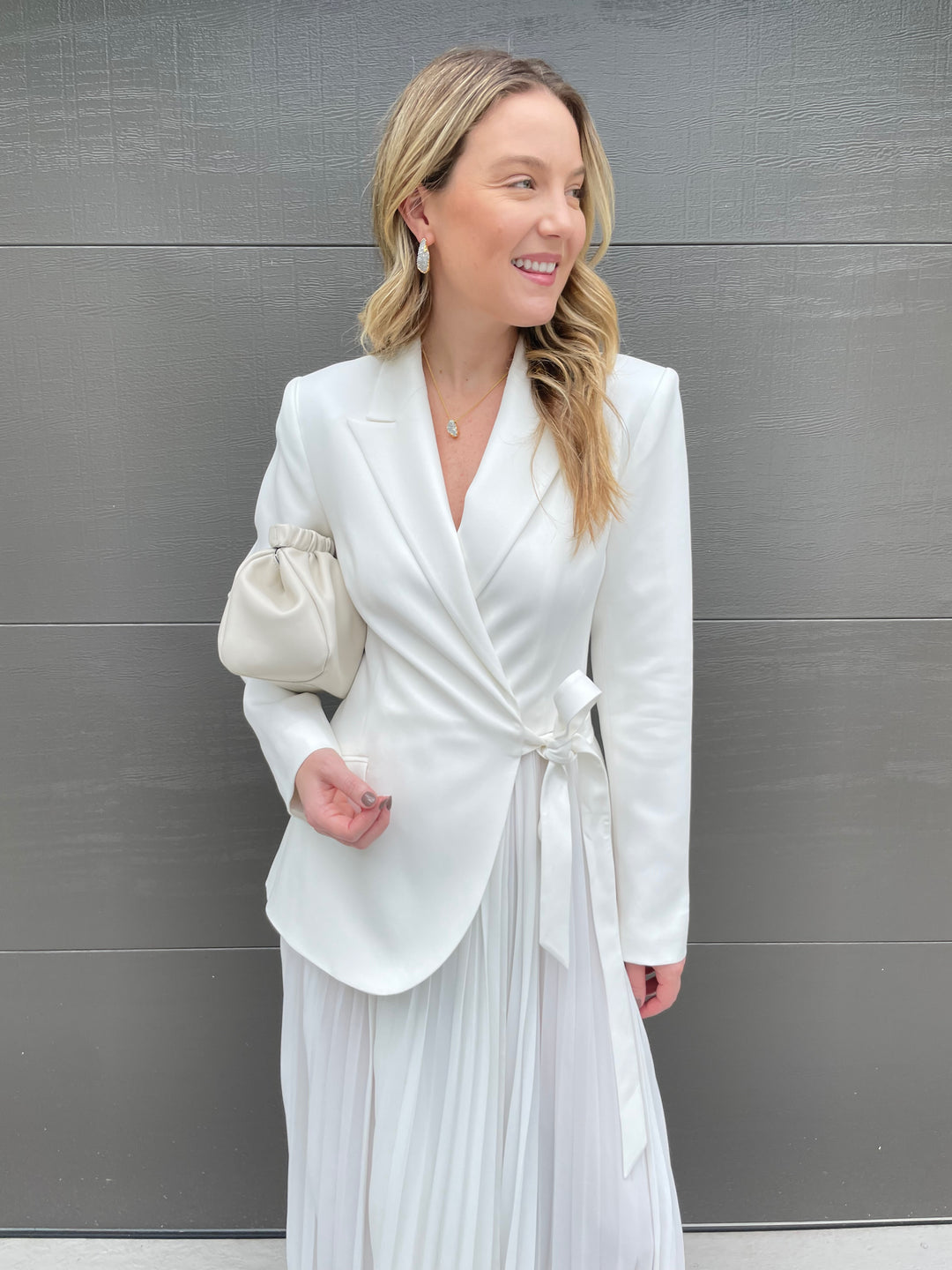 Simkhai Ambretta Combo Blazer Dress in Ivory with Alexis Bittar Solanales Crystal Small Pebble Necklace & Crystal Hoop Earrings in Gold, DeMellier Miami Clutch in Off White available at Barbara Katz