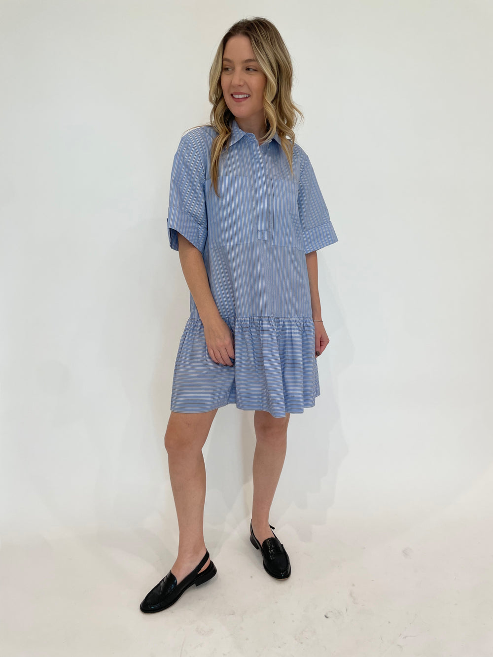 Simkhai Cris Harbor Blue Stripe Shirt Dress available at Barbara Katz