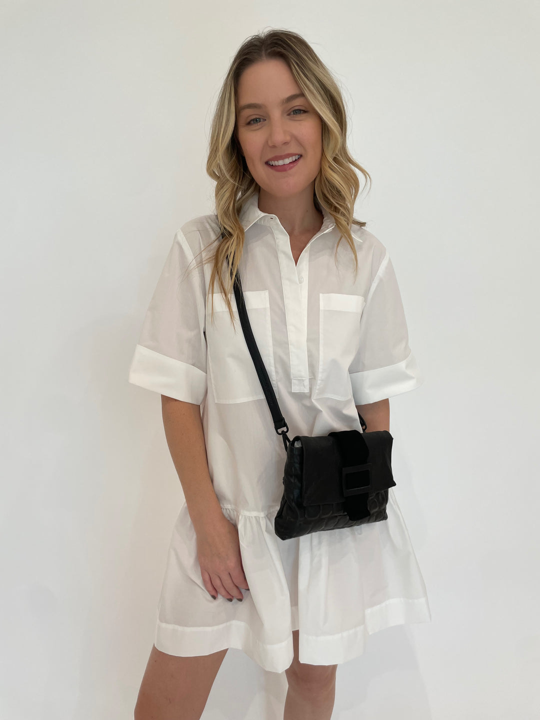 Simkhai Cris Shirt Dress in White with Daniella Lehavi Eva Clutch Bag in Black Croco available at Barbara Katz