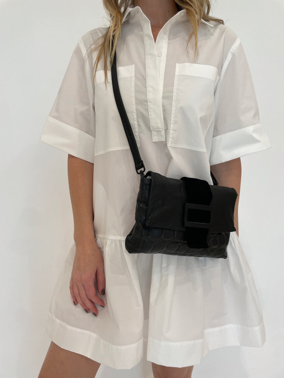 Simkhai Cris Shirt Dress in White with Daniella Lehavi Eva Clutch Bag in Black Croco available at Barbara Katz