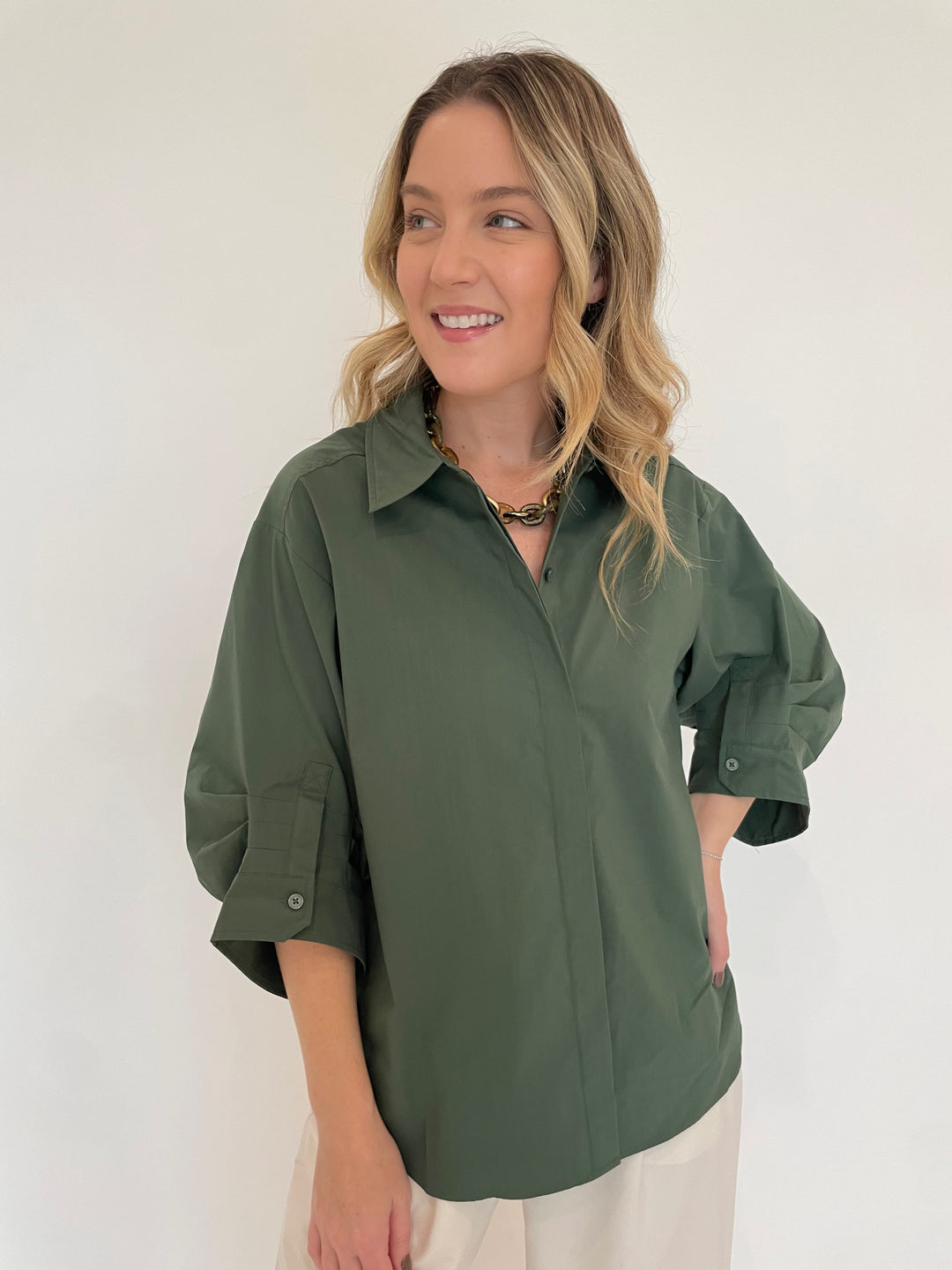 Simkhai Gemma Three-Quarter Sleeve Shirt in Botanical with Pono Riley Necklace in Sage available at Barbara Katz