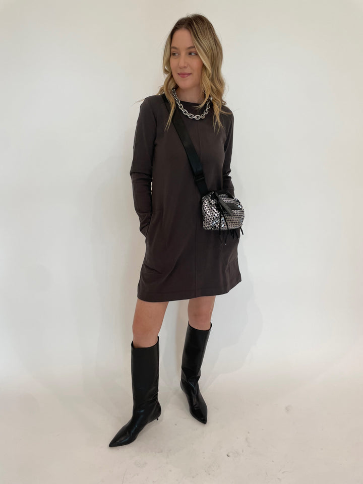 Lilla P. Front Seam Long Sleeve Crew Dress in Iron with Pono Barile Mini Bike Chain Necklace in Silver, Daniella Lehavi Bonnie Mini Crossbody Bag in Silver available at Barbara Katz