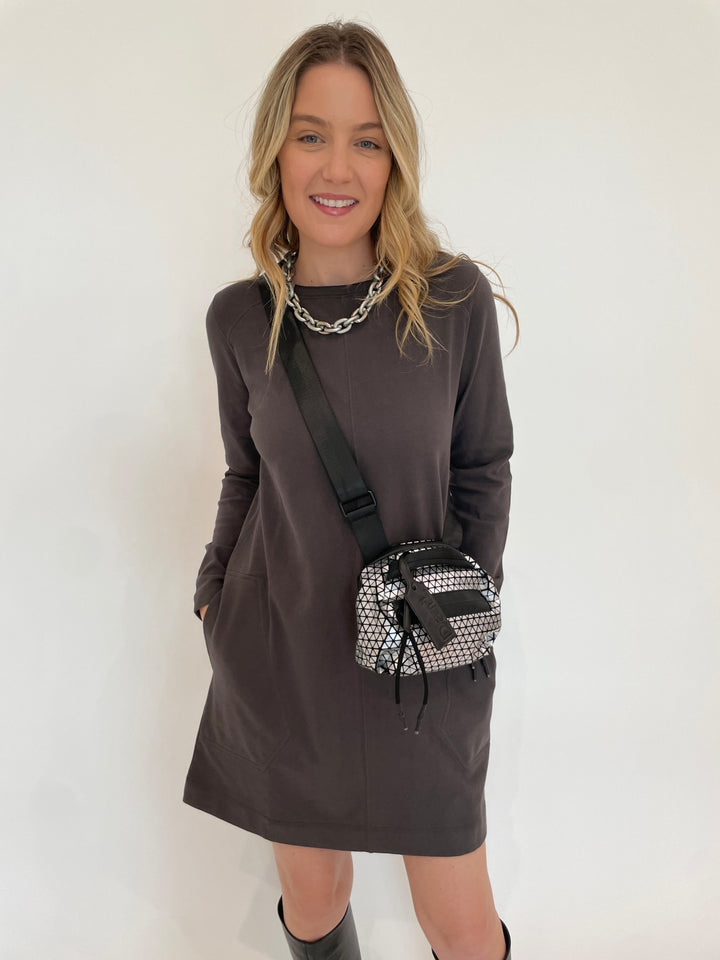 Lilla P. Front Seam Crew Dress in Iron with Pono Barile Mini Bike Chain Necklace in Silver, Daniella Lehavi Bonnie Mini Crossbody Bag in Silver available at Barbara Katz