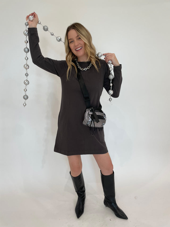 Lilla P. Front Seam Crew Dress in Iron with Pono Barile Mini Bike Chain Necklace in Silver, Daniella Lehavi Bonnie Mini Crossbody Bag in Silver available at Barbara Katz