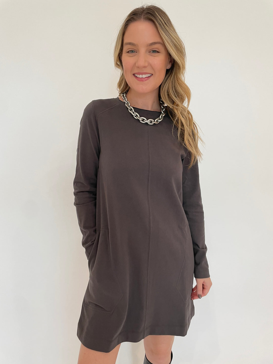 Lilla P. Front Seam Crew Dress in Iron with Pono Barile Mini Bike Chain Necklace in Silver available at Barbara Katz