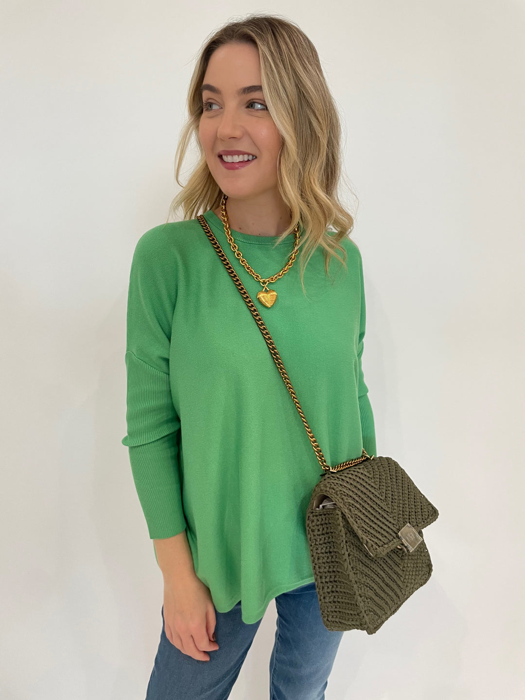 BK Sabrina Boxy Sweater in Island Green with Elizabeth Cole Jewelry Mallory Necklace and Noam Hazan Milan Bag in Olive available at Barbara Katz