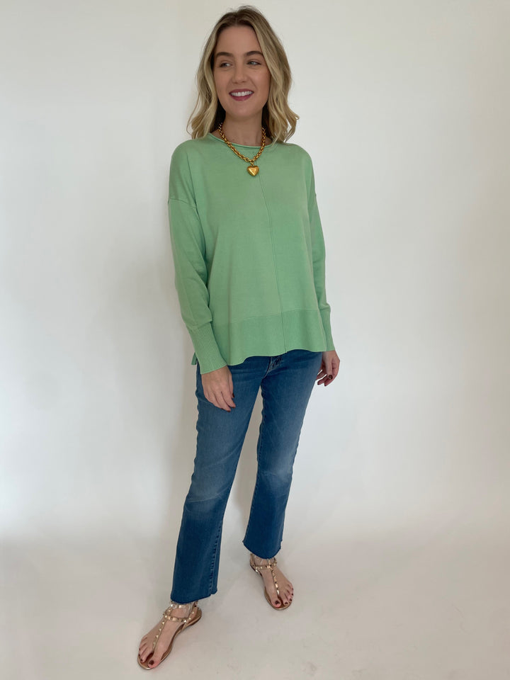 BK Shaina Center Seam Sweater in Pale Green paired with Mothe The Hustler Ankle Fray Jeans in Grasping At Straws, Elizabeth Cole Jewelry Mallory Necklace available at Barbara Katz