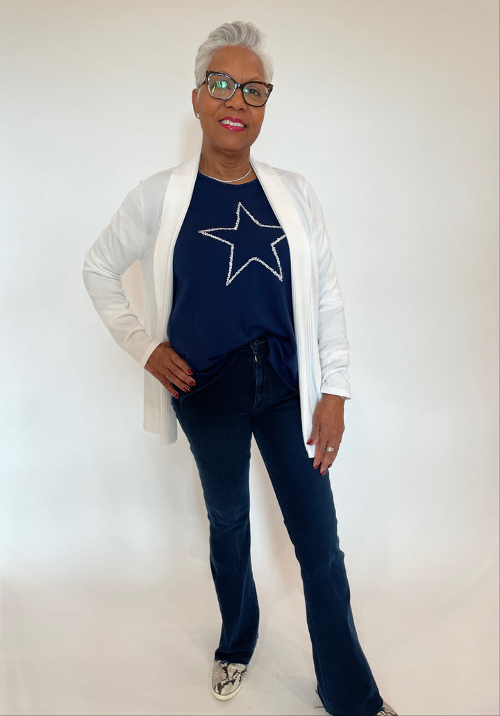 BK Luisa Long Cardigan in White with BK Eva Star Top underneath, paired with Mother The Weekender Fray Jeans in Chip On My Shoulder available at Barbara Katz