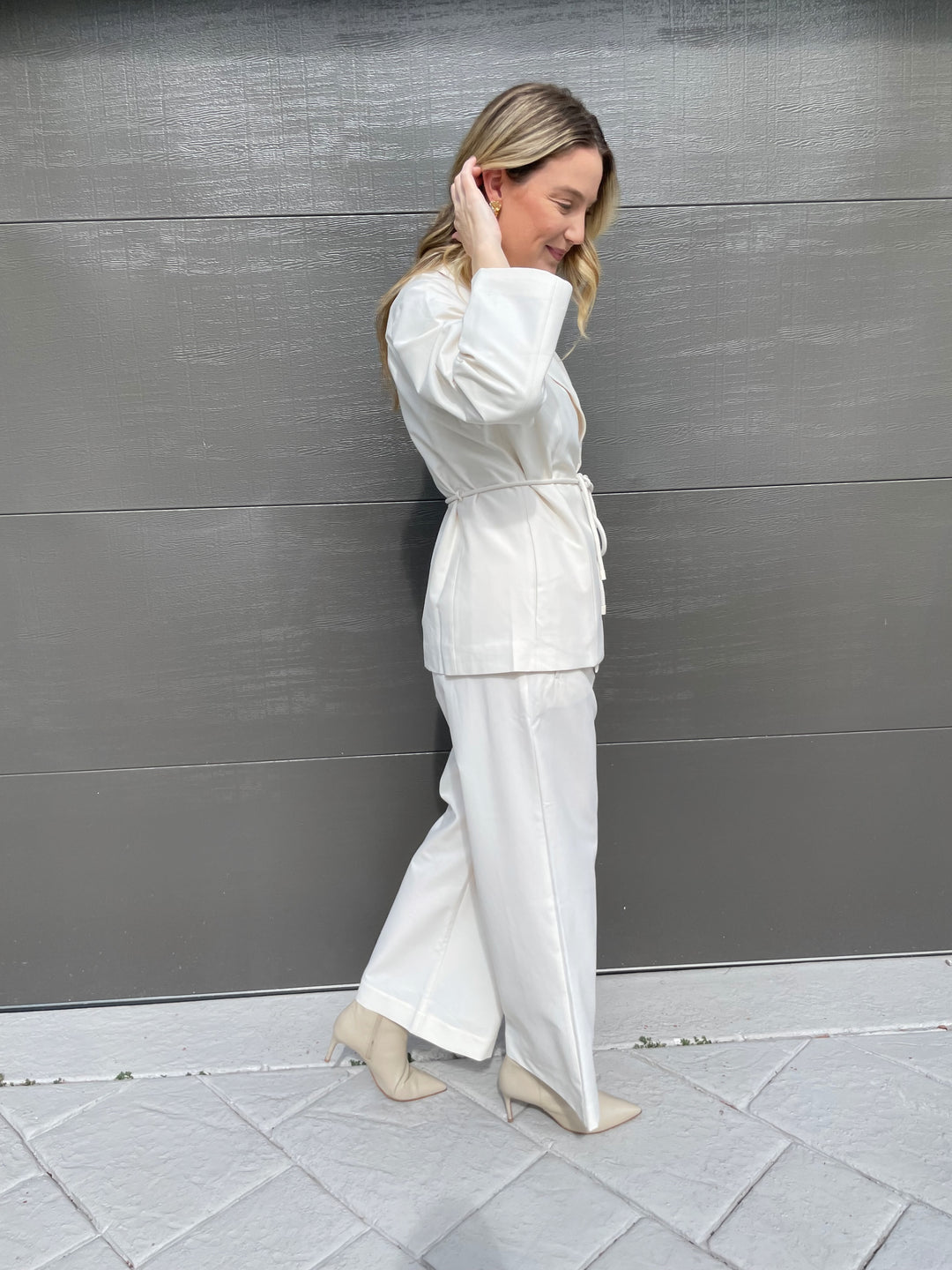 Lilla P. Notch Collar Blazer in Winter White paired with Wide Leg Pull-On Pants in Winter White available at Barbara Katz