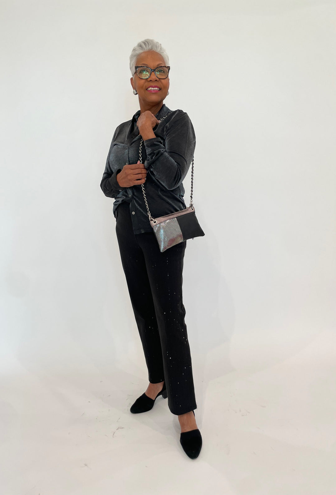 Lilla P. Sparkle Button Down Shirt in Black paired with Lysse Crystal Straight Leg Jeans in Black, Daniella Lehavi Malika Clutch in Disco available at Barbara Katz