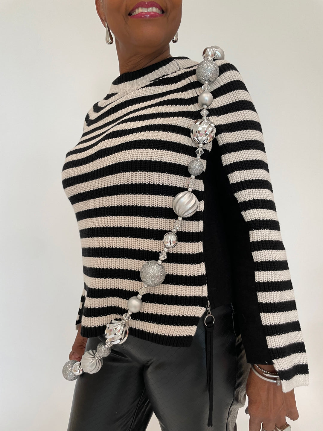 Oui Rubi Stripe Pullover Sweater in Black/Off White with BK Drop Long Post Earrings in Silver available at Barbara Katz