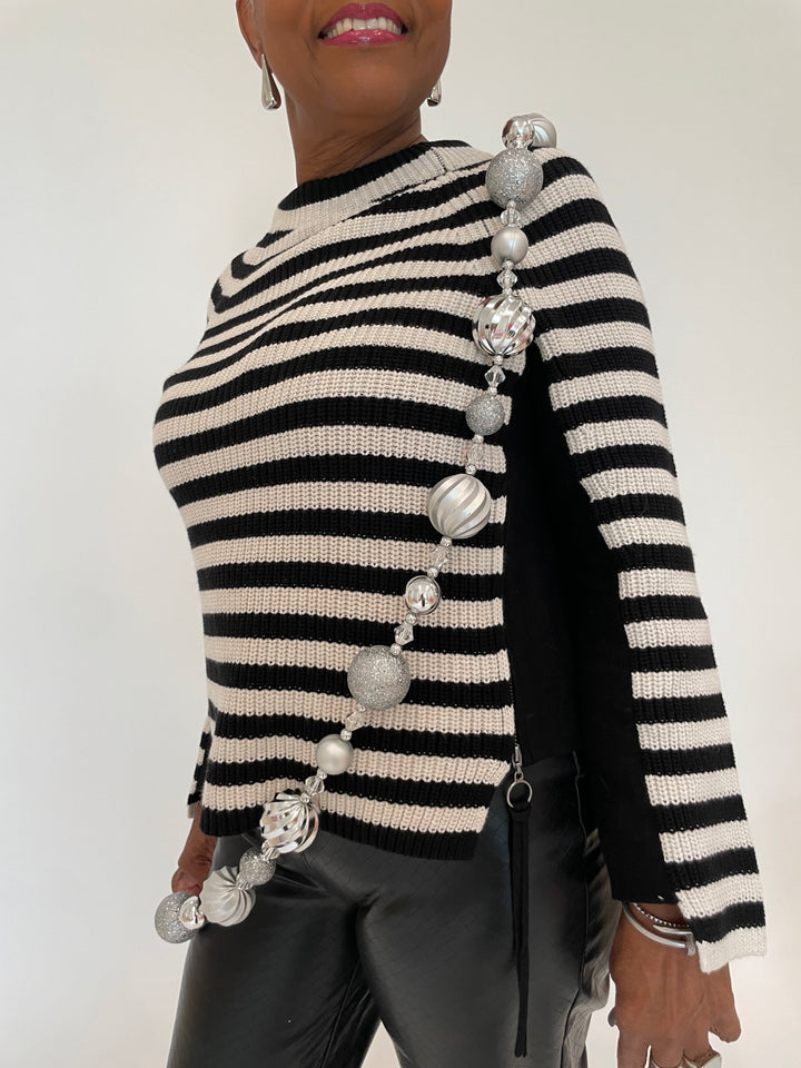 Oui Rubi Stripe Pullover Sweater in Black/Off White with BK Drop Long Post Earrings in Silver available at Barbara Katz