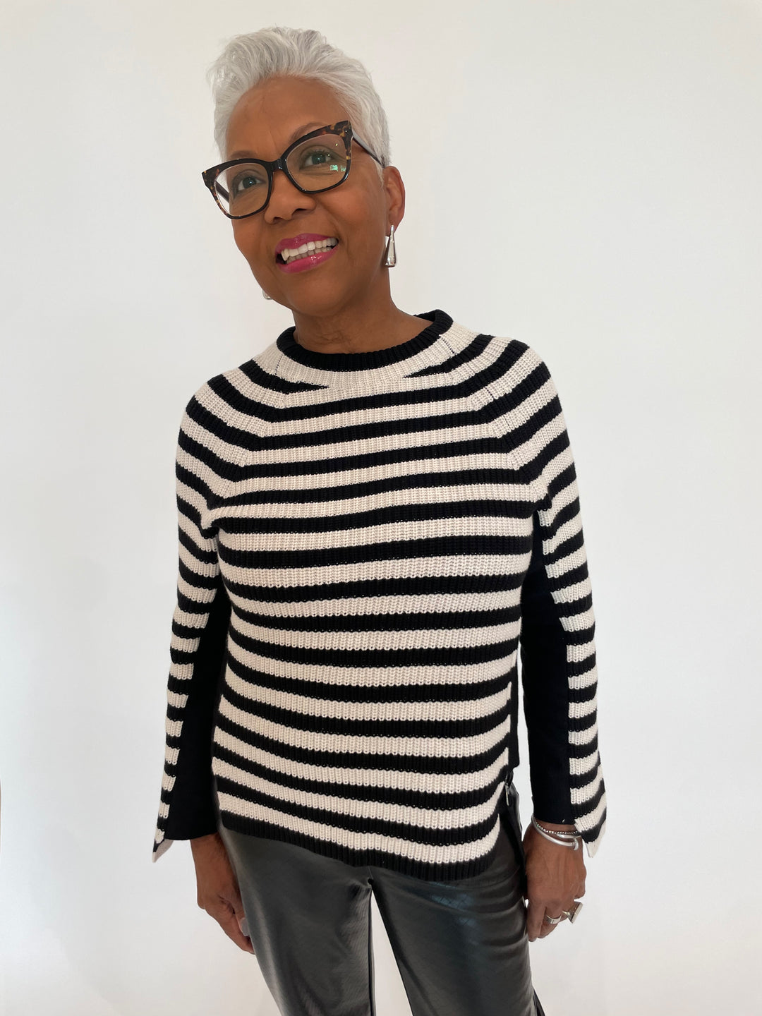 Oui Rubi Stripe Pullover Sweater in Black/Off White with BK Drop Long Post Earrings in Silver available at Barbara Katz