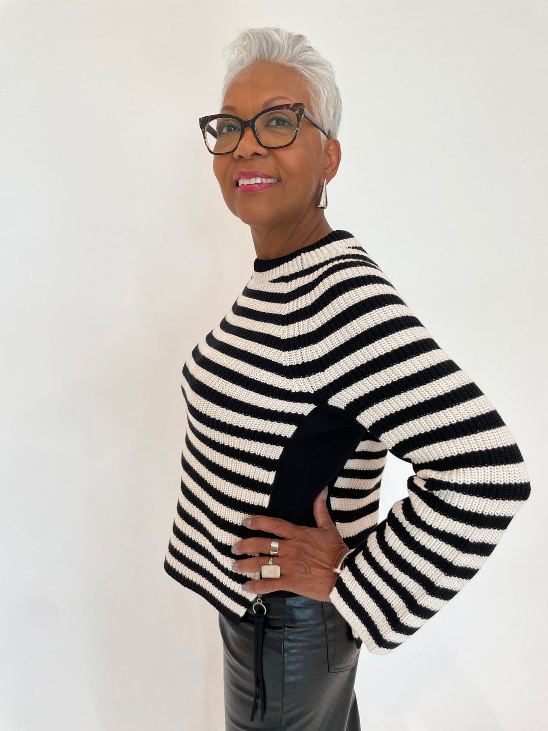 Oui Rubi Stripe Pullover Sweater in Black/Off White with BK Drop Long Post Earrings in Silver available at Barbara Katz