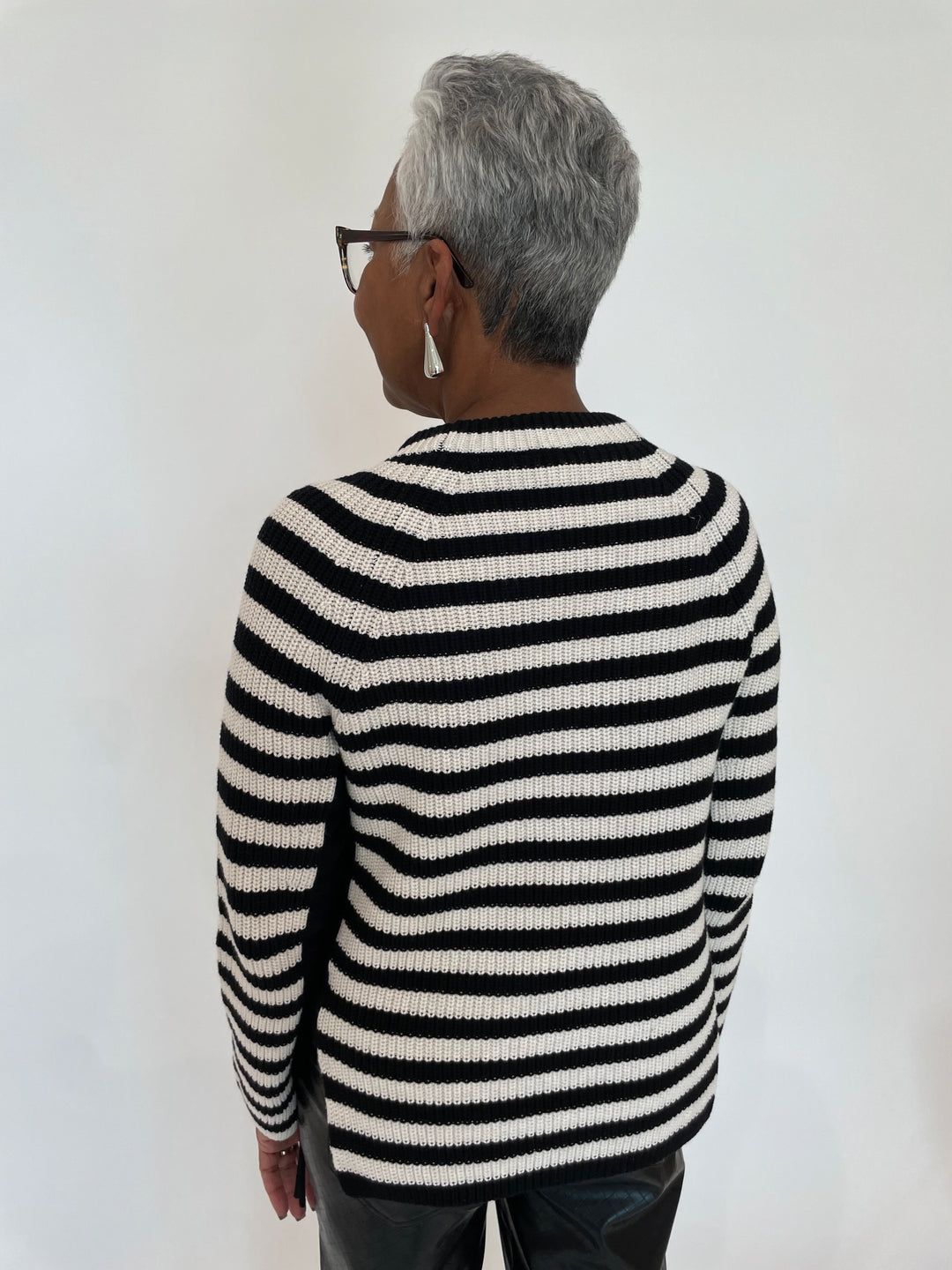 Oui Rubi Stripe Pullover Sweater in Black/Off White with BK Drop Long Post Earrings in Silver available at Barbara Katz