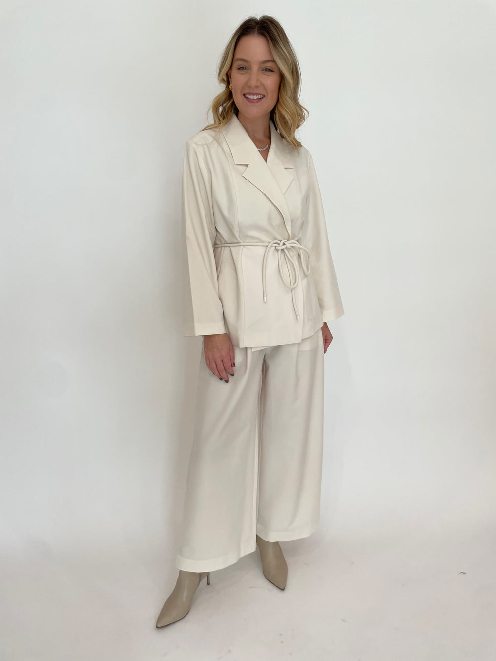 Lilla P. Notch Collar Blazer in Winter White paired with matching Wide Leg Pull-On Pants in Winter White, Alexis Bittar Solanales Gold Crystal Folded Mini Earring and Solanales Crystal Crescent Necklace available at Barbara Katz