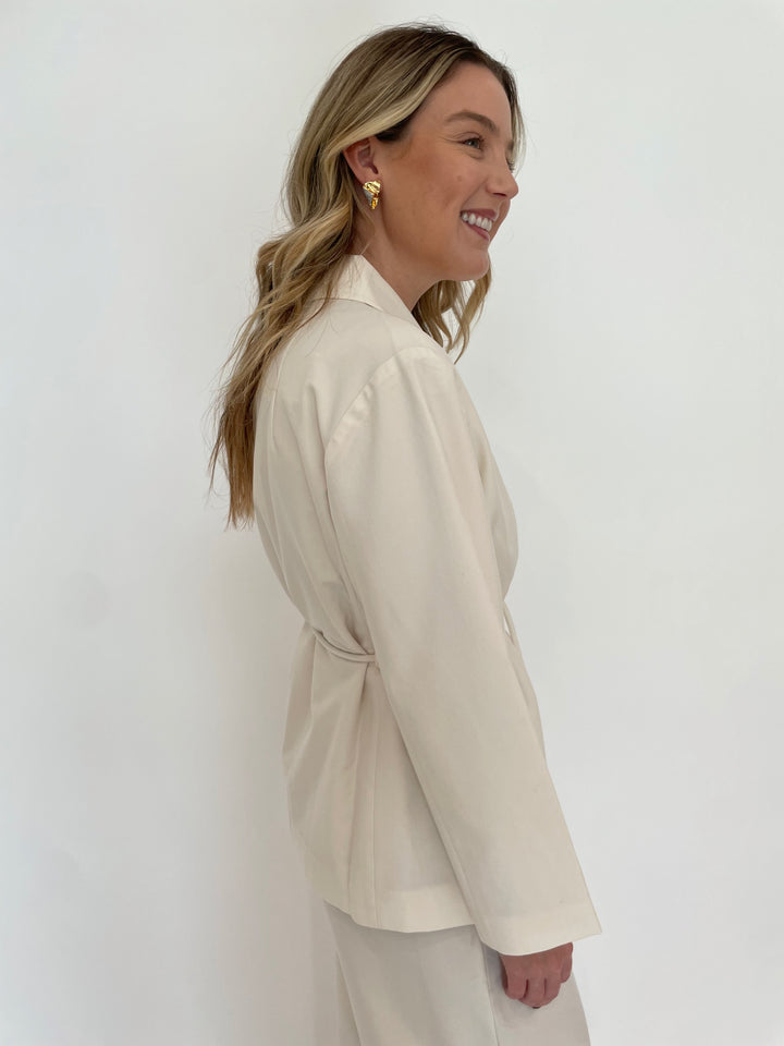 Lilla P. Notch Collar Long Sleeve Blazer in Winter White with Alexis Bittar Solanales Gold Crystal Folded Mini Earrings available at Barbara Katz