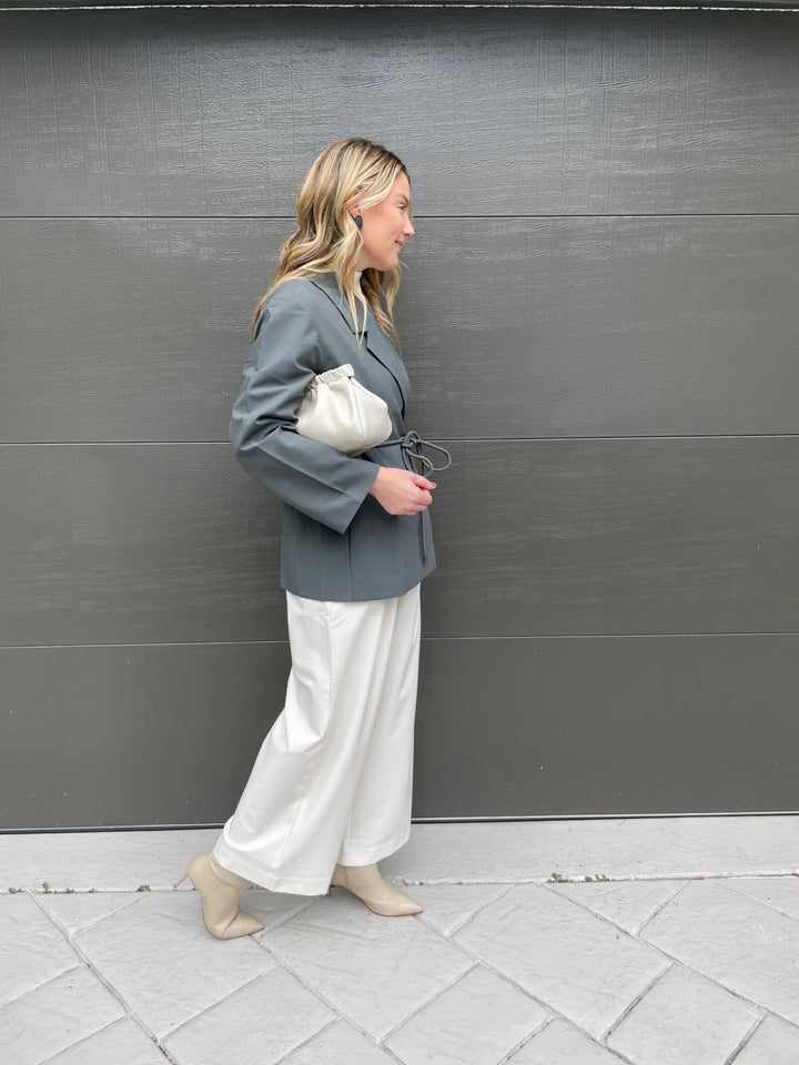 Lilla P. Notch Collar Blazer in Slate paired with Wide Leg Pull-On Pants in Winter White, DeMellier Miami Clutch in Off White available at Barbara Katz