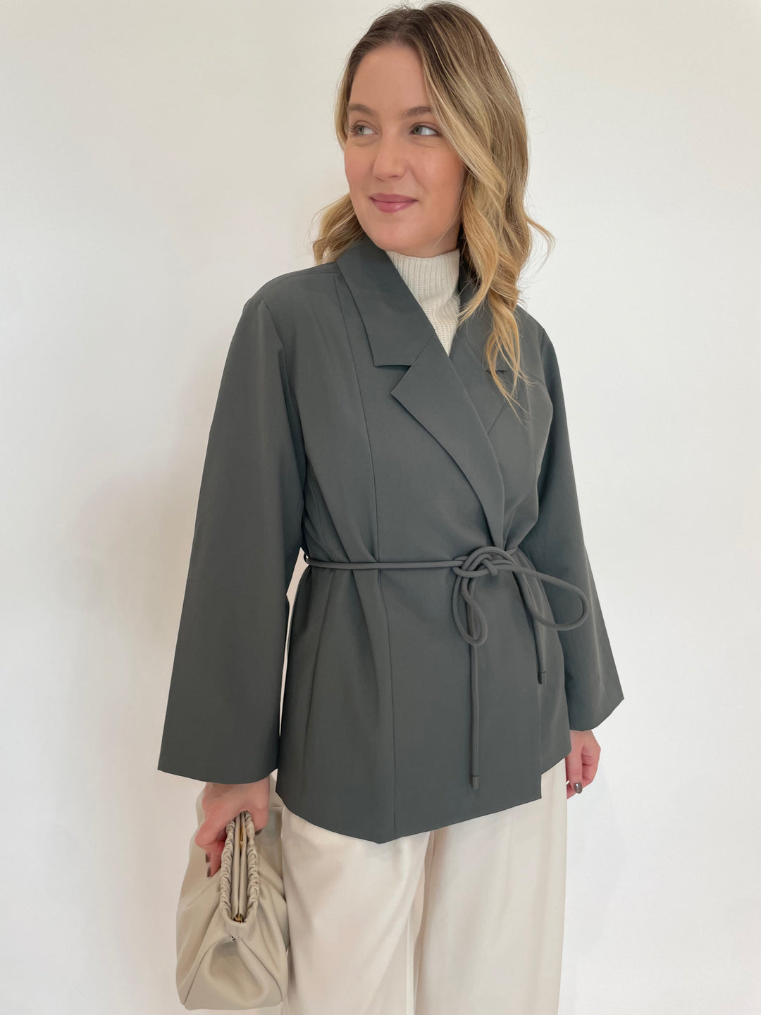 Lilla P. Notch Collar Blazer in Slate paired with Wide Leg Pull-On Pants in Winter White, DeMellier Miami Clutch in Off White available at Barbara Katz